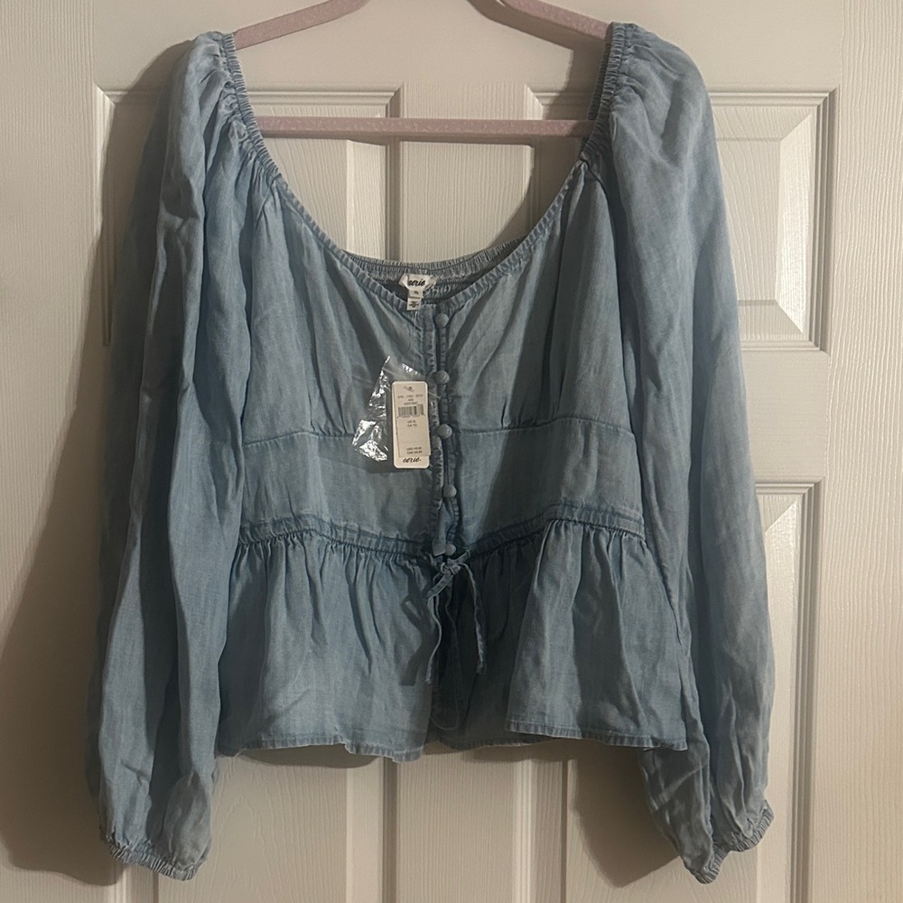 American Eagle Outfitters Light Blue Peasant Top with Button Front